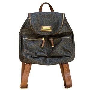 Calvin Klein‎ Monogram Logo Faux Leather Backpack Brown Gold Chic Designer